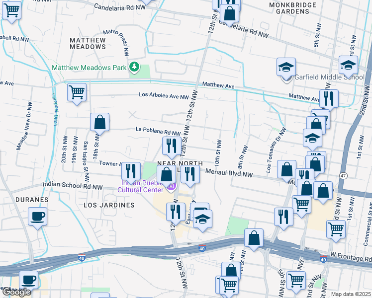 map of restaurants, bars, coffee shops, grocery stores, and more near 1124 La Poblana Road Northwest in Albuquerque