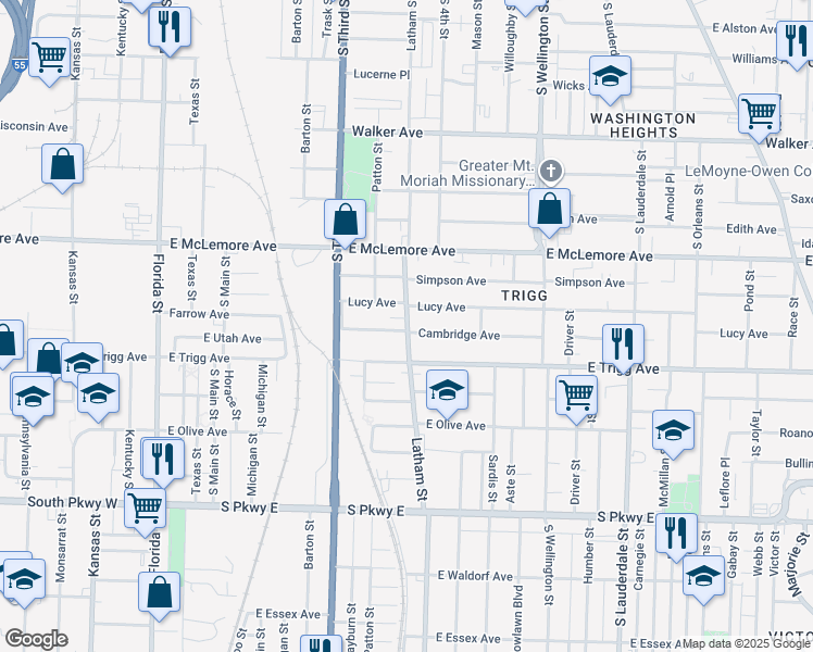 map of restaurants, bars, coffee shops, grocery stores, and more near 1237 Latham Street in Memphis