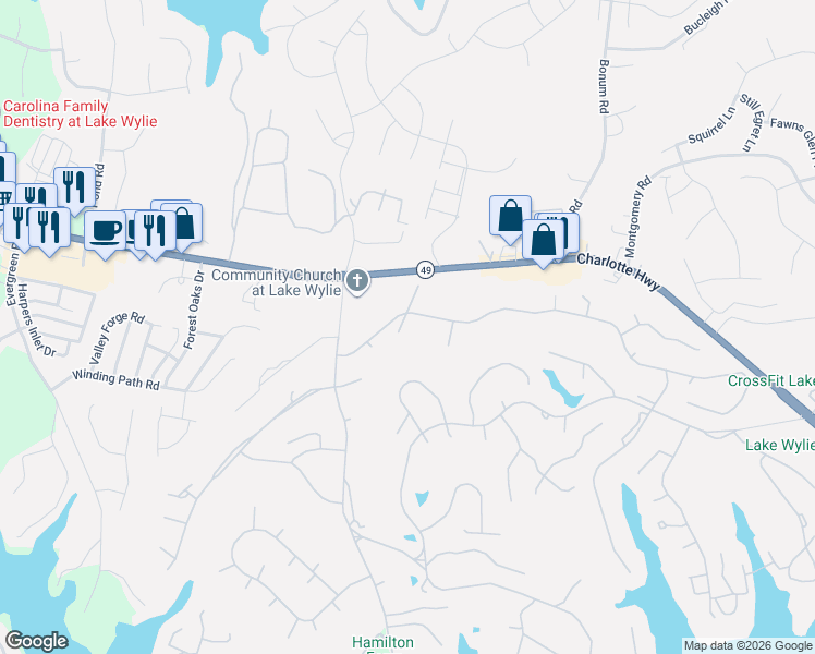map of restaurants, bars, coffee shops, grocery stores, and more near 24 Honeysuckle Ln in Lake Wylie