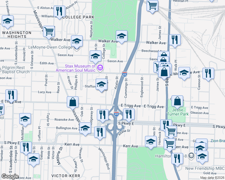 map of restaurants, bars, coffee shops, grocery stores, and more near 1227 Azalia Street in Memphis
