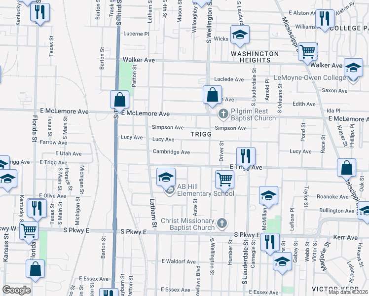 map of restaurants, bars, coffee shops, grocery stores, and more near 1238 Sardis Street in Memphis