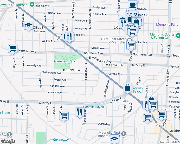 map of restaurants, bars, coffee shops, grocery stores, and more near 1916 Netherwood Avenue in Memphis