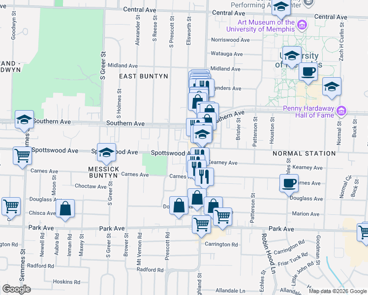 map of restaurants, bars, coffee shops, grocery stores, and more near 3445 Pruett Court in Memphis