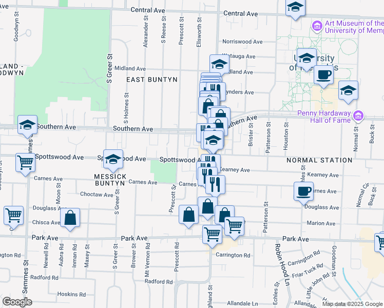 map of restaurants, bars, coffee shops, grocery stores, and more near 3439 Pruett Court in Memphis