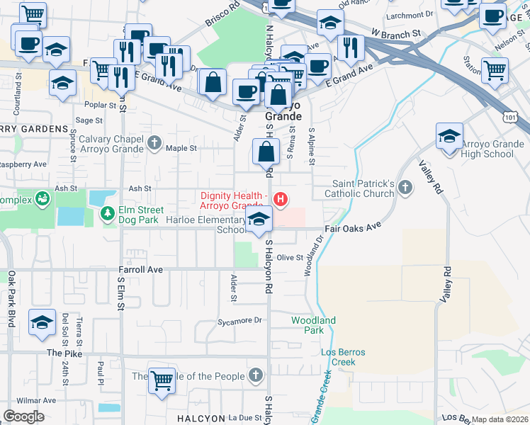 map of restaurants, bars, coffee shops, grocery stores, and more near 354 South Halcyon Road in Arroyo Grande