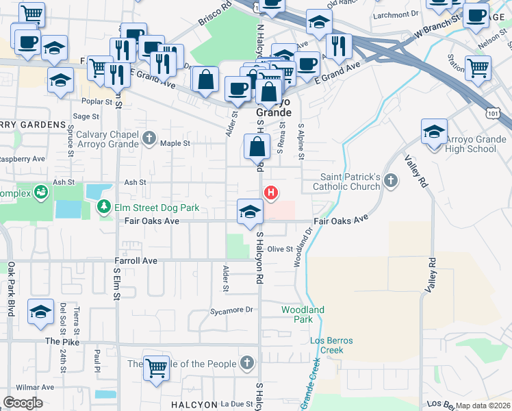 map of restaurants, bars, coffee shops, grocery stores, and more near 362 South Halcyon Road in Arroyo Grande