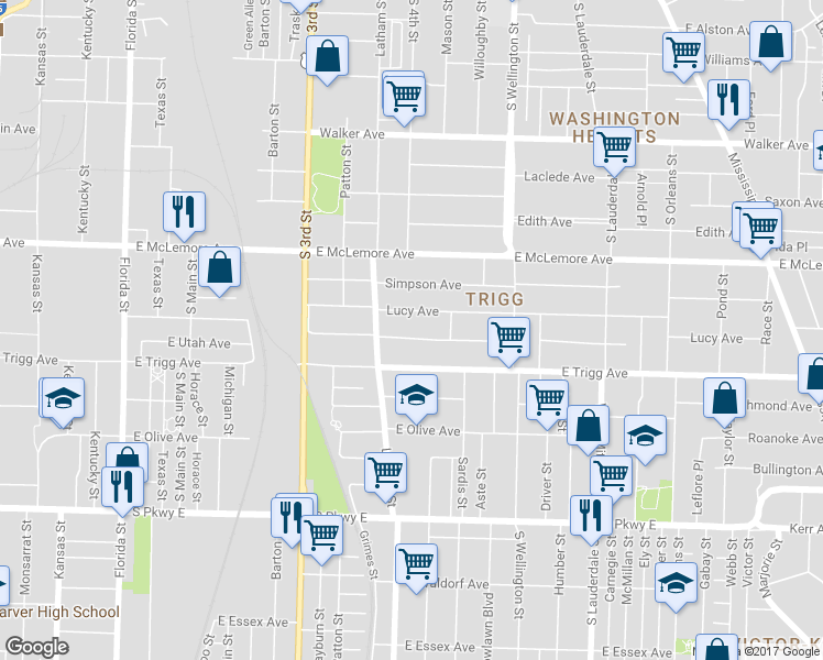 map of restaurants, bars, coffee shops, grocery stores, and more near 340 Cambridge Avenue in Memphis