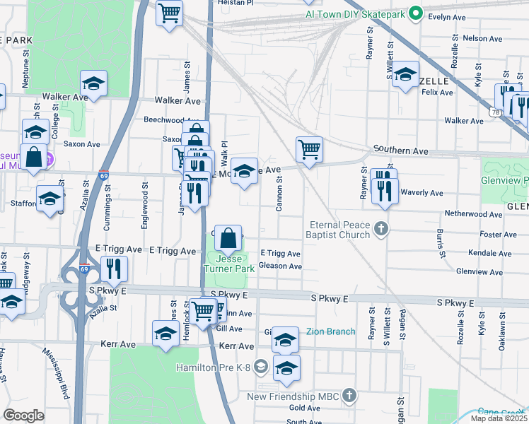 map of restaurants, bars, coffee shops, grocery stores, and more near 1210 Wilson Street in Memphis