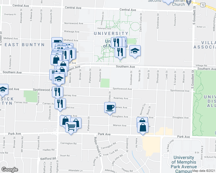 map of restaurants, bars, coffee shops, grocery stores, and more near 3706 Spottswood Avenue in Memphis