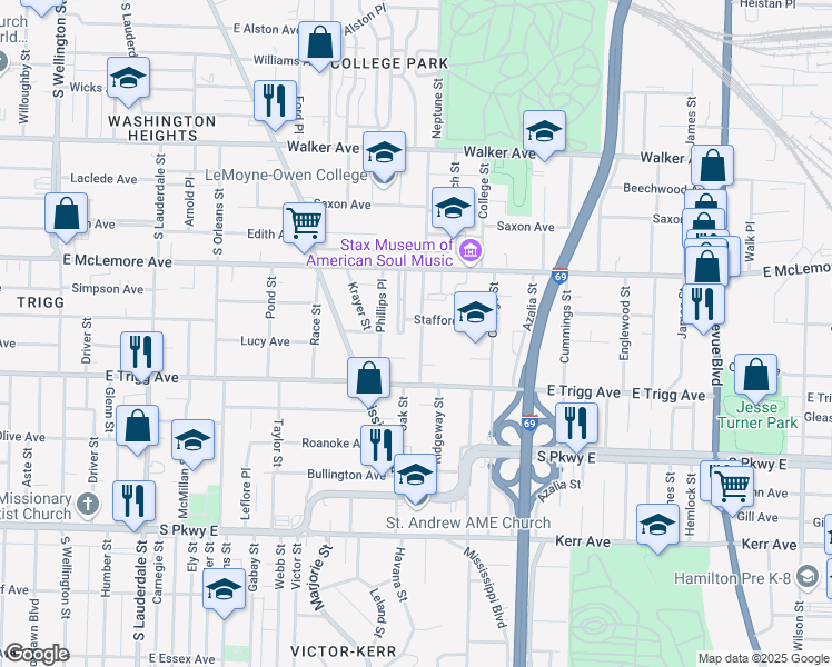 map of restaurants, bars, coffee shops, grocery stores, and more near 1223 Neptune Street in Memphis