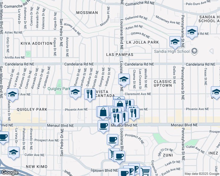 map of restaurants, bars, coffee shops, grocery stores, and more near 2813 Kentucky Street Northeast in Albuquerque