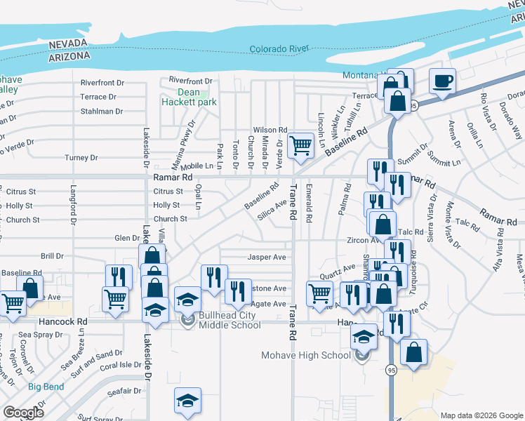 map of restaurants, bars, coffee shops, grocery stores, and more near 1211 Silica Ave in Bullhead City