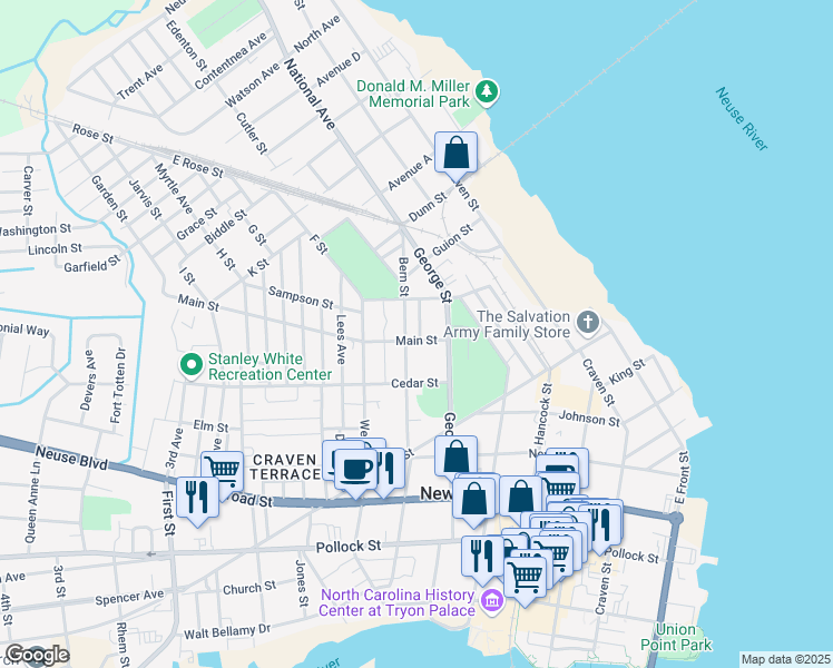 map of restaurants, bars, coffee shops, grocery stores, and more near 724 Main Street in New Bern