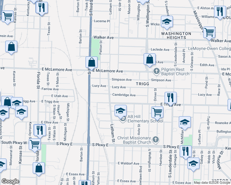 map of restaurants, bars, coffee shops, grocery stores, and more near 340 Cambridge Avenue in Memphis