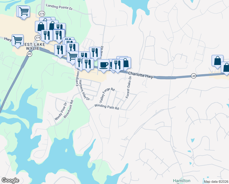 map of restaurants, bars, coffee shops, grocery stores, and more near 641 Saratoga Drive in Clover