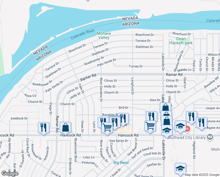 map of restaurants, bars, coffee shops, grocery stores, and more near 780 Holly Street in Bullhead City