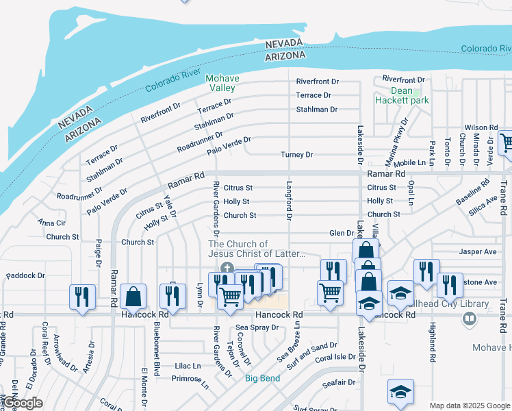 map of restaurants, bars, coffee shops, grocery stores, and more near 818 Holly Street in Bullhead City