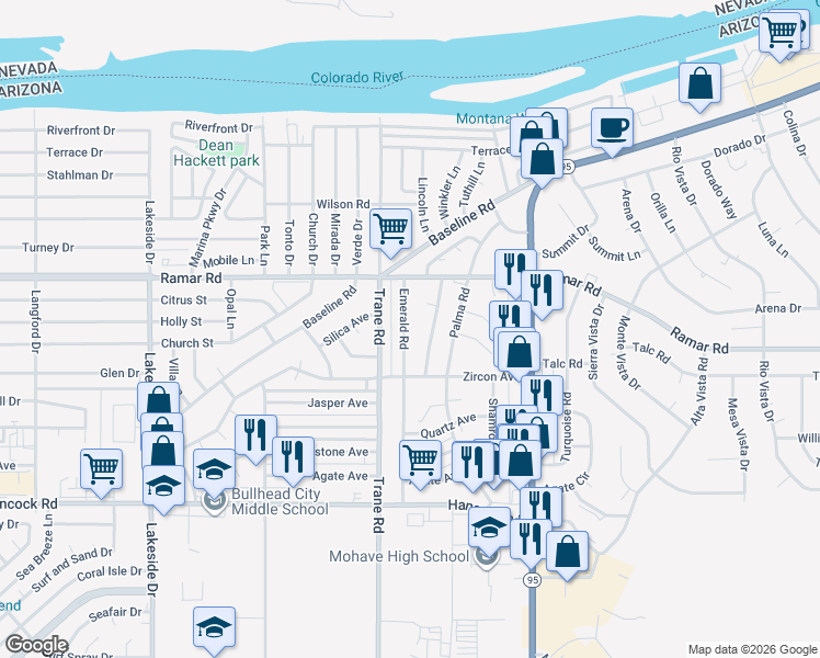 map of restaurants, bars, coffee shops, grocery stores, and more near 1554 Emerald Road in Bullhead City