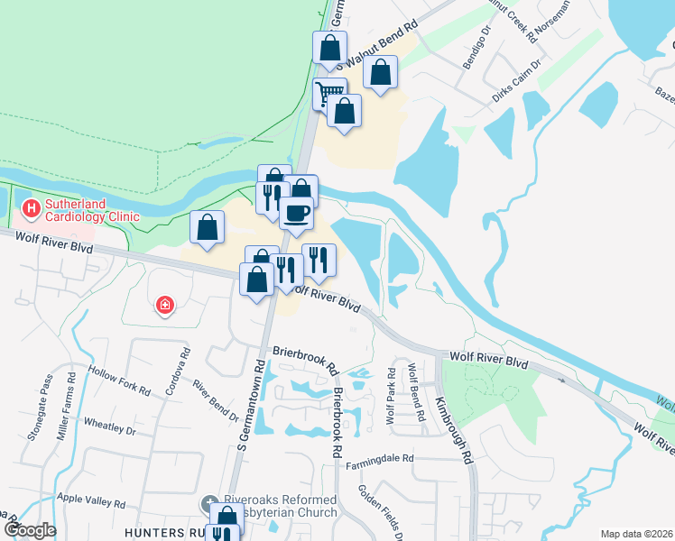 map of restaurants, bars, coffee shops, grocery stores, and more near 7910 Wolf River Boulevard in Germantown