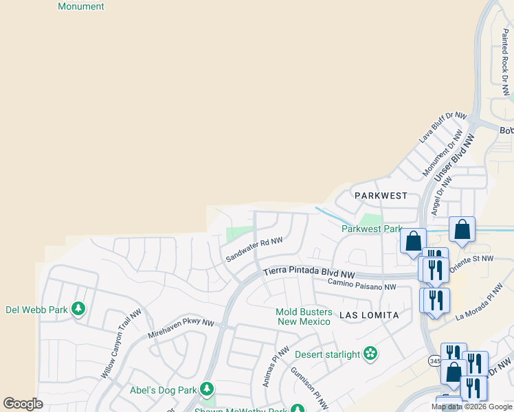 map of restaurants, bars, coffee shops, grocery stores, and more near 8705 Mesa Rain Road Northwest in Albuquerque