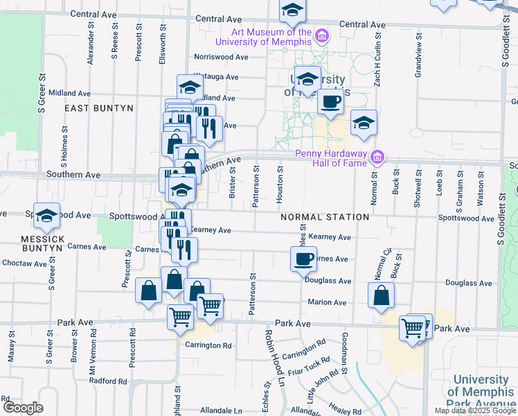 map of restaurants, bars, coffee shops, grocery stores, and more near 3636 Spottswood Avenue in Memphis