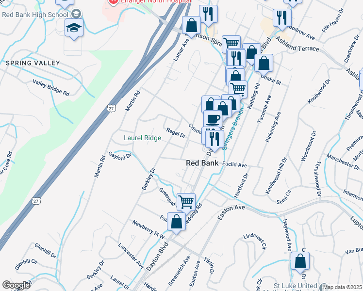 map of restaurants, bars, coffee shops, grocery stores, and more near 3507 Oakland Terrace in Chattanooga