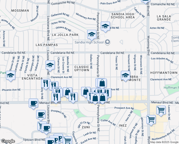 map of restaurants, bars, coffee shops, grocery stores, and more near 2817 Dallas Street Northeast in Albuquerque