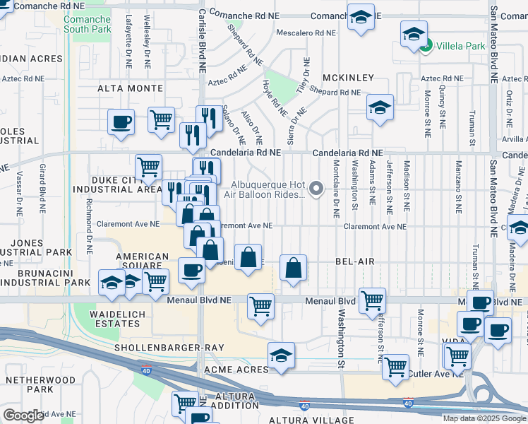 map of restaurants, bars, coffee shops, grocery stores, and more near 2817 Bel Air Drive Northeast in Albuquerque