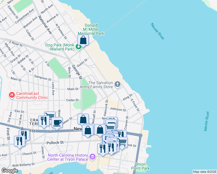 map of restaurants, bars, coffee shops, grocery stores, and more near 812 North Craven Street in New Bern
