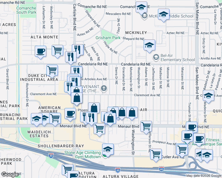 map of restaurants, bars, coffee shops, grocery stores, and more near 2818 Morningside Drive Northeast in Albuquerque