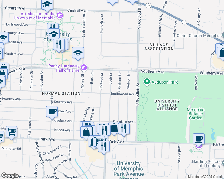 map of restaurants, bars, coffee shops, grocery stores, and more near 648 Loeb Street in Memphis