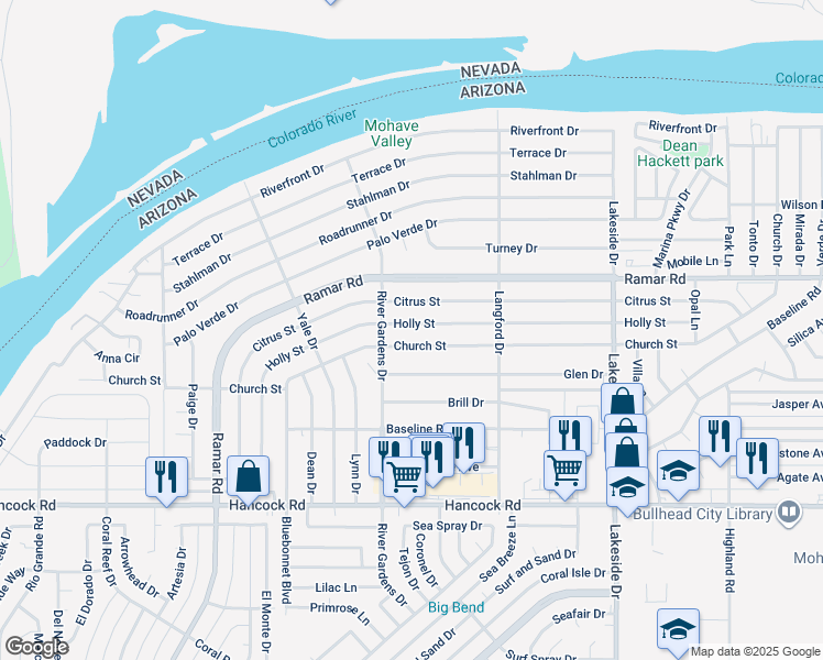 map of restaurants, bars, coffee shops, grocery stores, and more near 780 Holly Street in Bullhead City