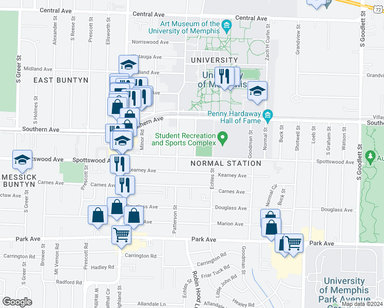 map of restaurants, bars, coffee shops, grocery stores, and more near 3670 Spottswood Avenue in Memphis