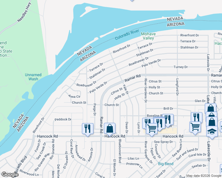 map of restaurants, bars, coffee shops, grocery stores, and more near 582 Ramar Road in Bullhead City