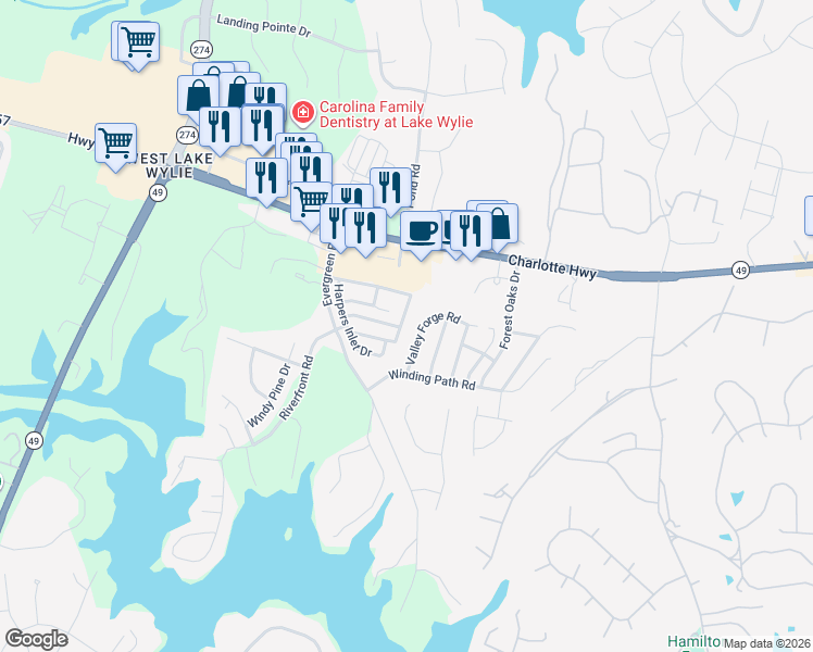 map of restaurants, bars, coffee shops, grocery stores, and more near 2066 Shady Pond Drive in Clover