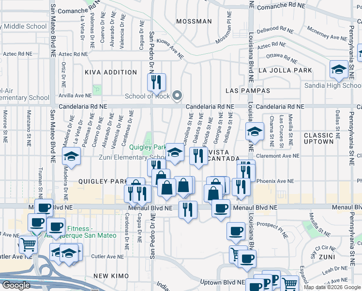 map of restaurants, bars, coffee shops, grocery stores, and more near 2813 Carolina Street Northeast in Albuquerque