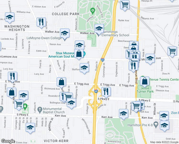 map of restaurants, bars, coffee shops, grocery stores, and more near 1218 College Street in Memphis