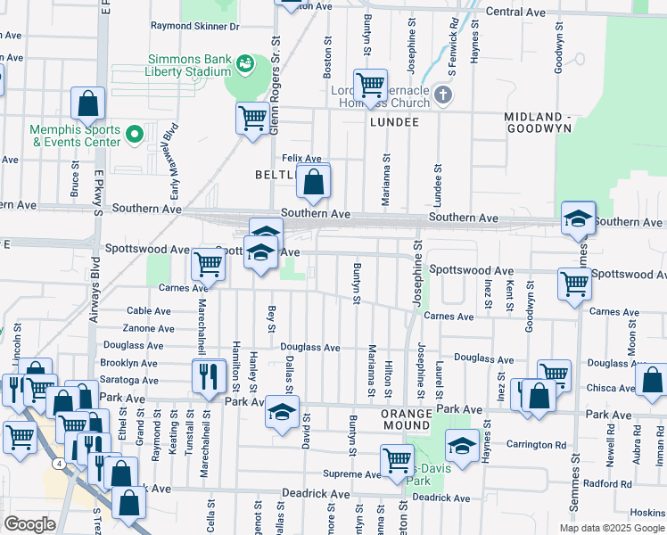 map of restaurants, bars, coffee shops, grocery stores, and more near 677 Baltimore Street in Memphis