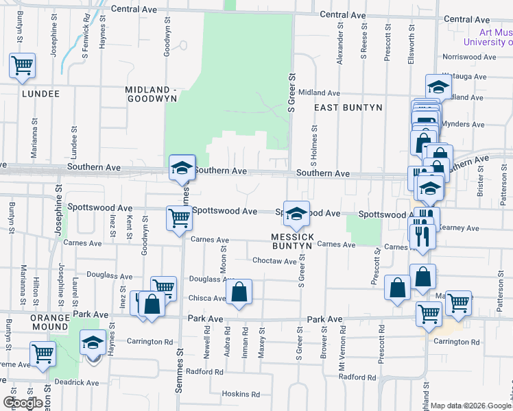 map of restaurants, bars, coffee shops, grocery stores, and more near 3160 Spottswood Avenue in Memphis