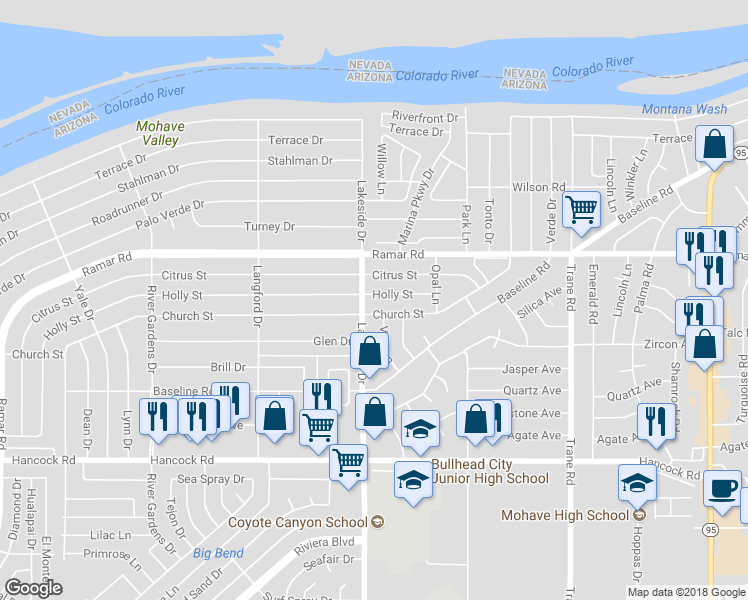 map of restaurants, bars, coffee shops, grocery stores, and more near 1008 Holly Street in Bullhead City