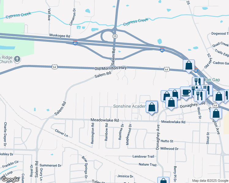 map of restaurants, bars, coffee shops, grocery stores, and more near 2585 Morse Drive in Conway