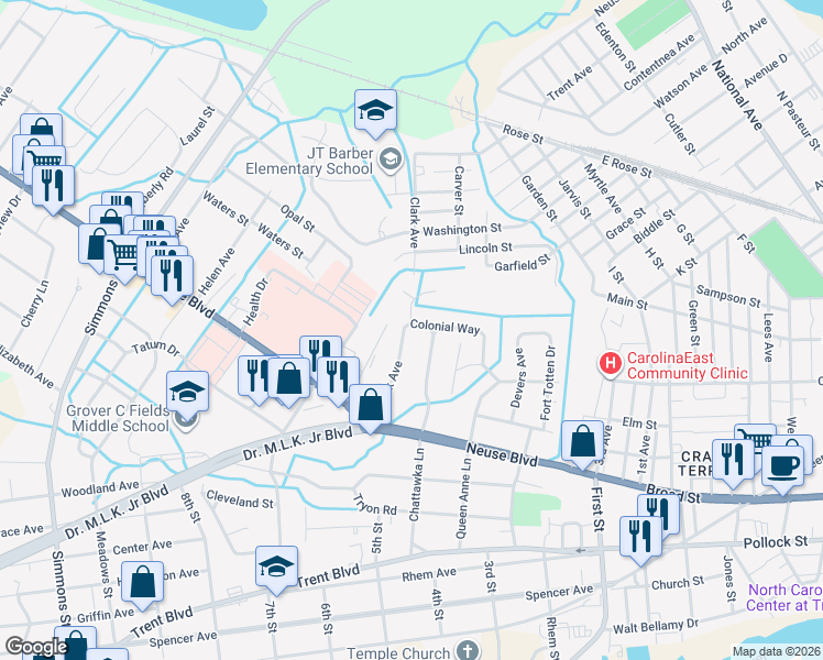 map of restaurants, bars, coffee shops, grocery stores, and more near 830 Clark Avenue in New Bern