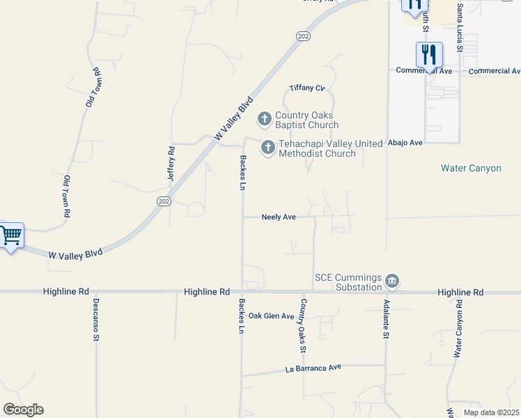 map of restaurants, bars, coffee shops, grocery stores, and more near 20276 Backes Lane in Tehachapi