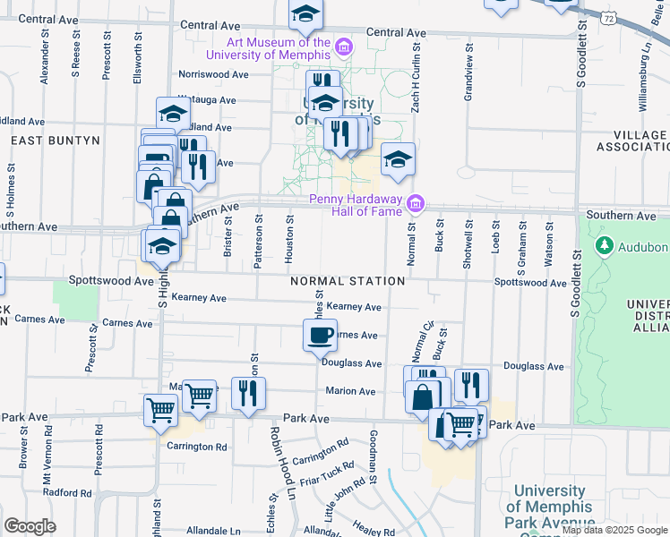 map of restaurants, bars, coffee shops, grocery stores, and more near 3760 Spottswood Avenue in Memphis
