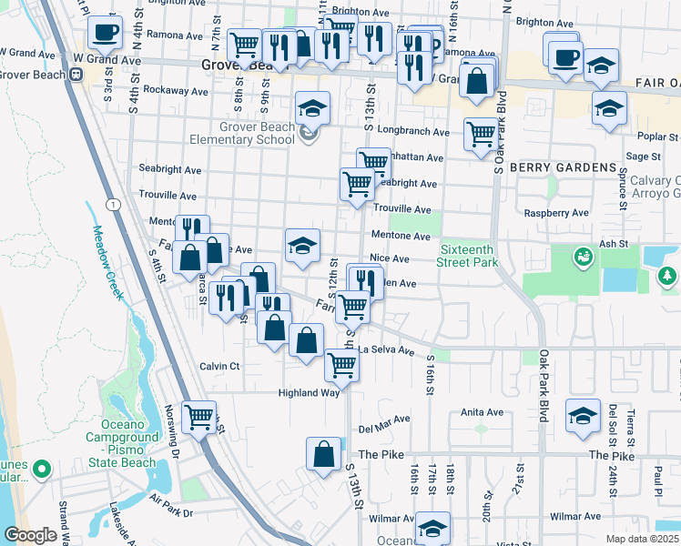 map of restaurants, bars, coffee shops, grocery stores, and more near 1211 Baden Avenue in Grover Beach