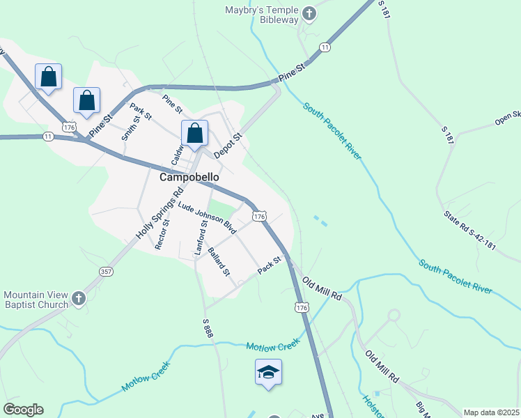 map of restaurants, bars, coffee shops, grocery stores, and more near 307 South Main Street in Campobello