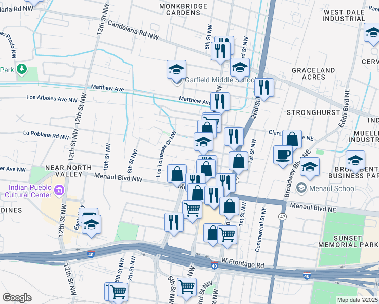 map of restaurants, bars, coffee shops, grocery stores, and more near 410 Phoenix Avenue Northwest in Albuquerque