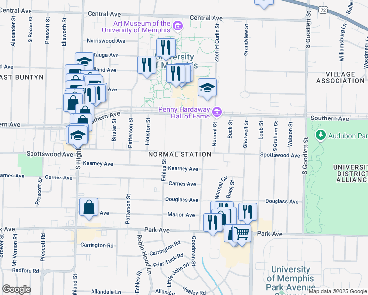 map of restaurants, bars, coffee shops, grocery stores, and more near 3760 Spottswood Avenue in Memphis