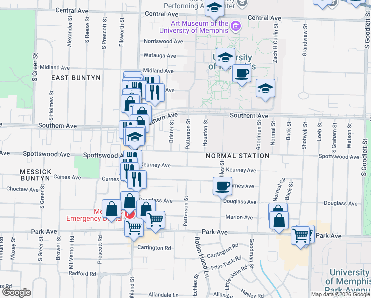 map of restaurants, bars, coffee shops, grocery stores, and more near 657 Patterson Street in Memphis