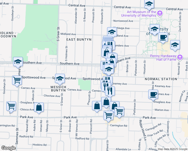 map of restaurants, bars, coffee shops, grocery stores, and more near 3400 Spottswood Avenue in Memphis